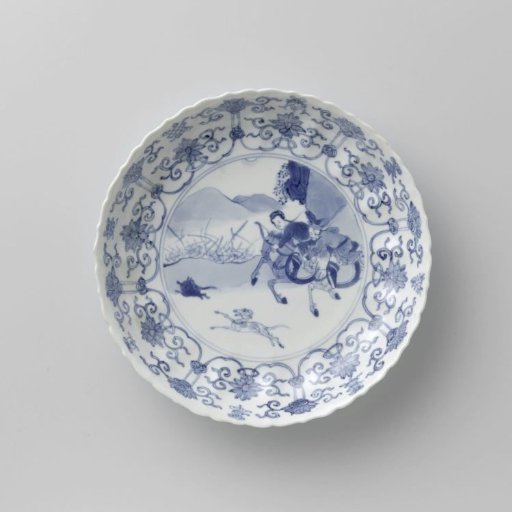 Saucer-dish with hunting scene, lotus scrolls and auspicious symbols