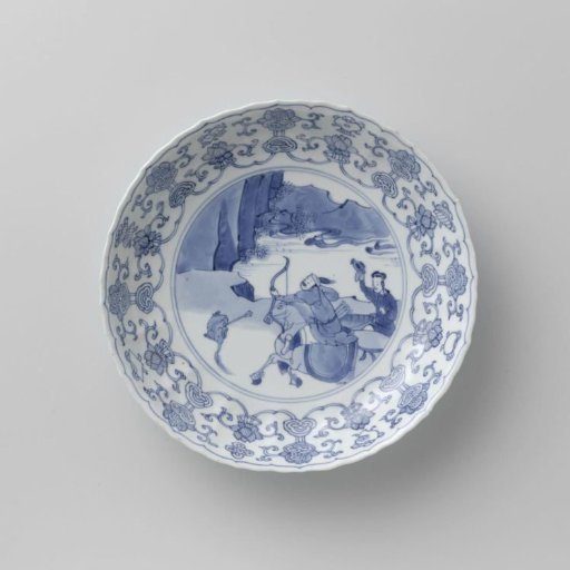 Saucer-dish with hunting scene, lotus scrolls and auspicious symbols