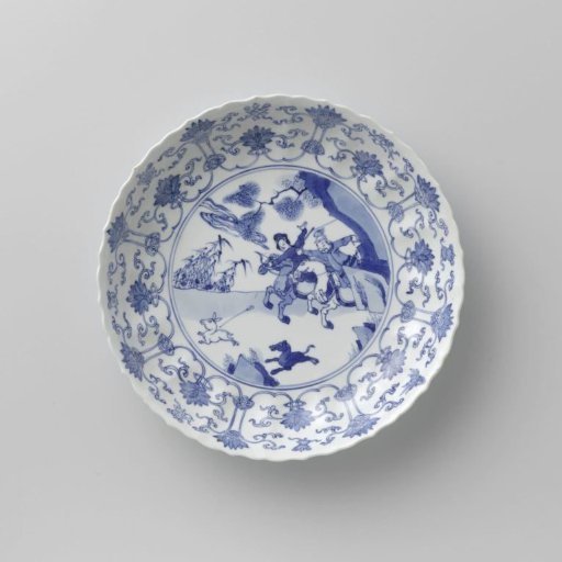 Saucer-dish with hunting scene, lotus scrolls and auspicious symbols