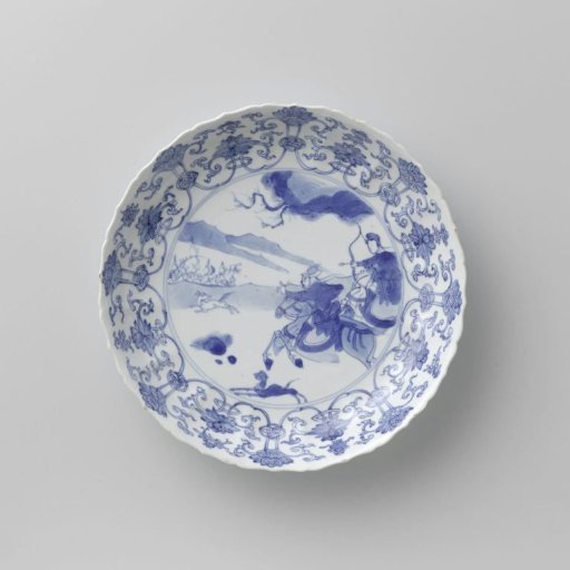 Saucer-dish with hunting scene, lotus scrolls and auspicious symbols