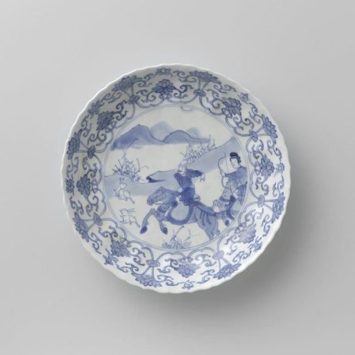 Saucer-dish with hunting scene, lotus scrolls and auspicious symbols