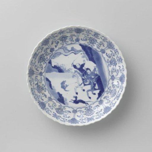 Saucer-dish with hunting scene, lotus scrolls and auspicious symbols
