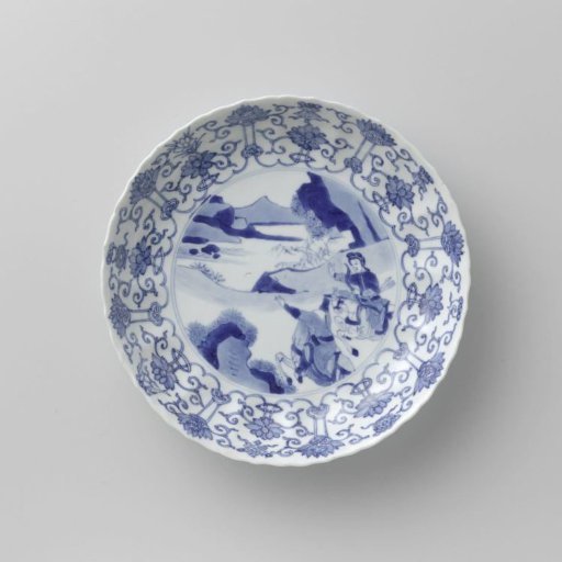 Saucer-dish with hunting scene, lotus scrolls and auspicious symbols
