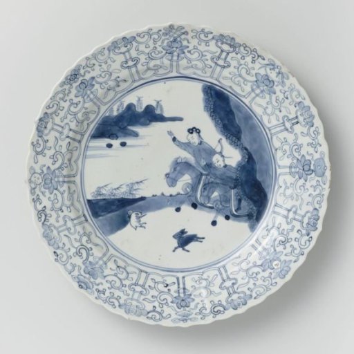 Saucer-dish with hunting scene, lotus scrolls and auspicious symbols
