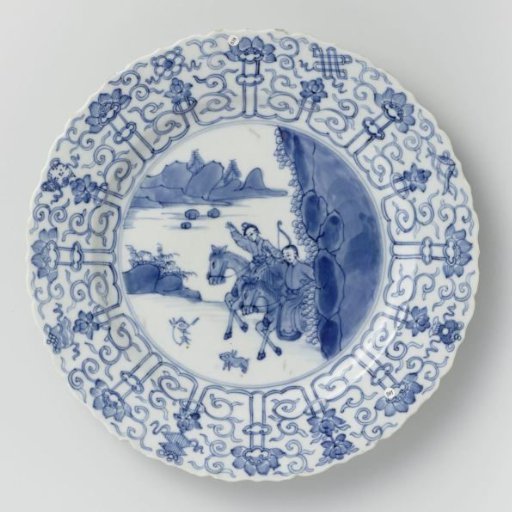 Saucer-dish with hunting scene, lotus scrolls and auspicious symbols