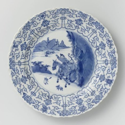 Saucer-dish with hunting scene, lotus scrolls and auspicious symbols