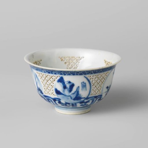 Bell-shaped bowl with pierced sides and landscapes in medallions