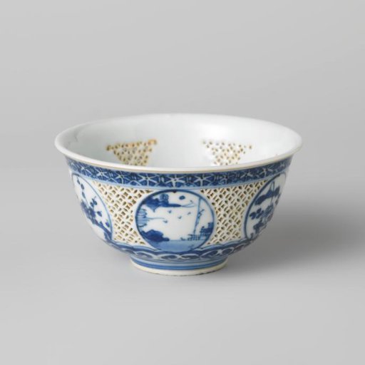 Bell-shaped bowl with pierced sides and landscapes and flower sprays in medallions