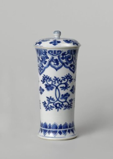 Covered cylindrical beaker with flower scrolls