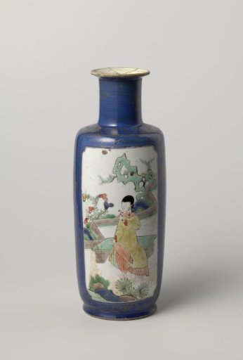 Cylindrical vase with powder blue and a woman on a terrace