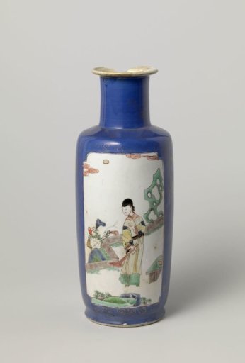 Cylindrical vase with powder blue and a woman on a terrace