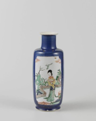Cylindrical vase with powder blue and a woman on a terrace