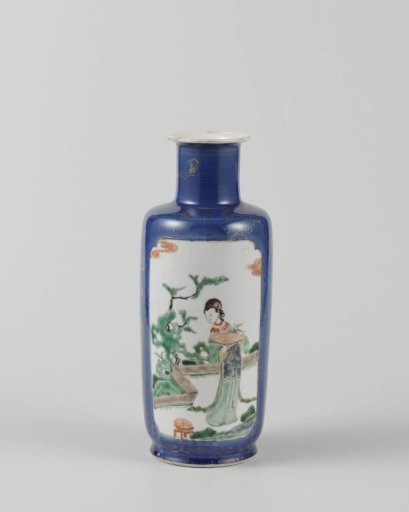 Cylindrical vase with powder blue and a woman on a terrace