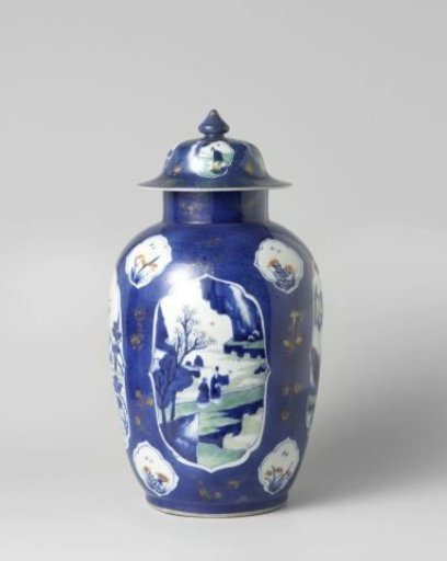 Ovoid jar and domed cover with bleu poudré and panels in reserve with landscapes and antiquities