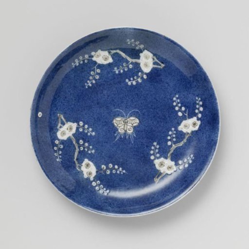 Saucer-dish with powder blue, prunus sprays and butterflies