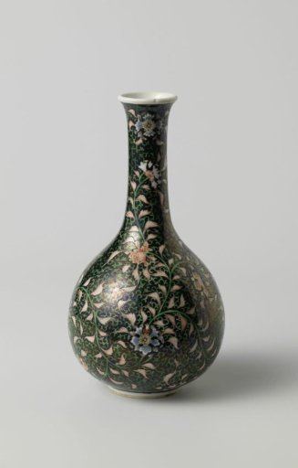 Pear-shaped bottle vase with flower scrolls on a black ground