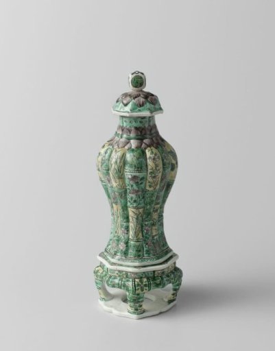 Covered vase with stand, modelled in bamboo-shaped sections with flower sprays