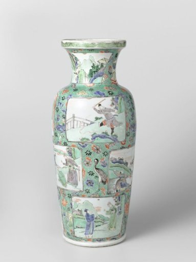 Rolwagen vase with figural scenes in panel decoration against a green ground