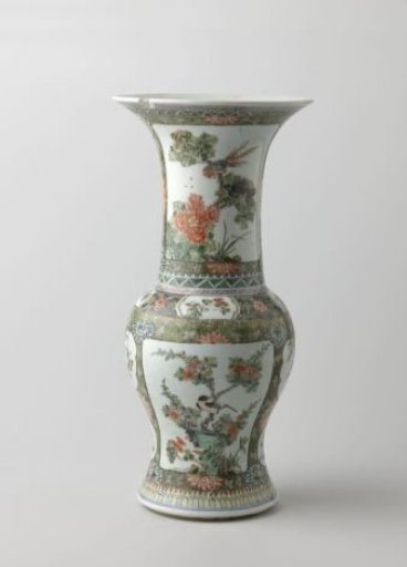 Beaker vase with flowering plants, birds and butterflies in panel decoration
