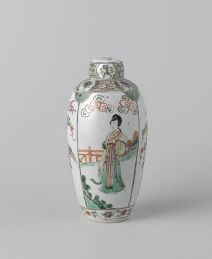 Ovoid covered jar with women and flower pots