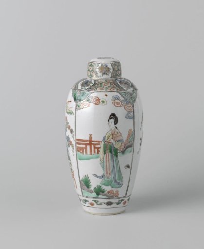 Ovoid covered jar with women and flower pots