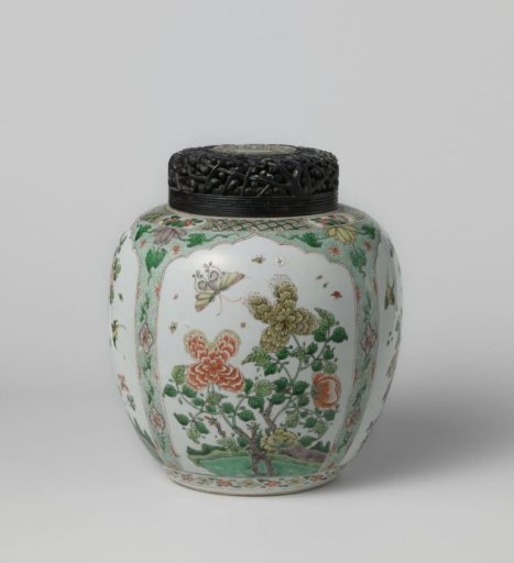 Covered, ovoid jar with flower sprays, birds, and butterflies