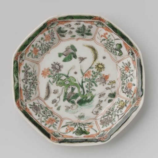 Octagonal saucer with light brown, animals and flower sprays