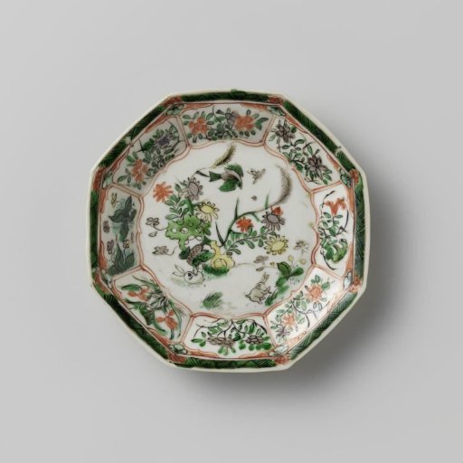 Octagonal saucer with light brown, animals and flower sprays