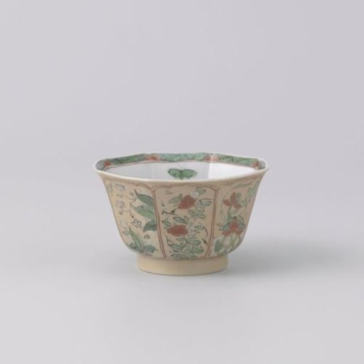 Octagonal cup with light brown, animals and flower sprays