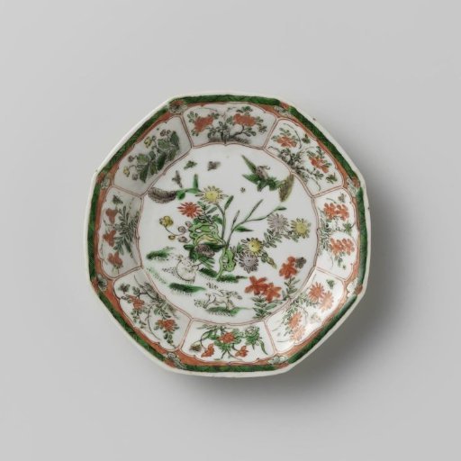 Octagonal saucer with light brown, animals and flower sprays
