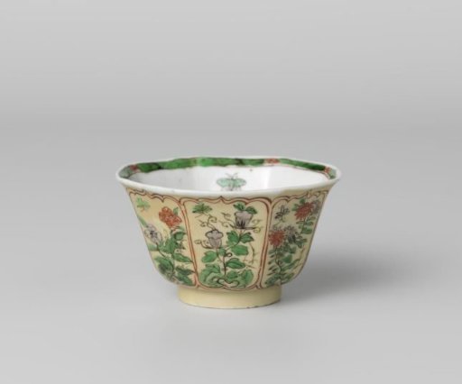 Octagonal cup with light brown, animals and flower sprays