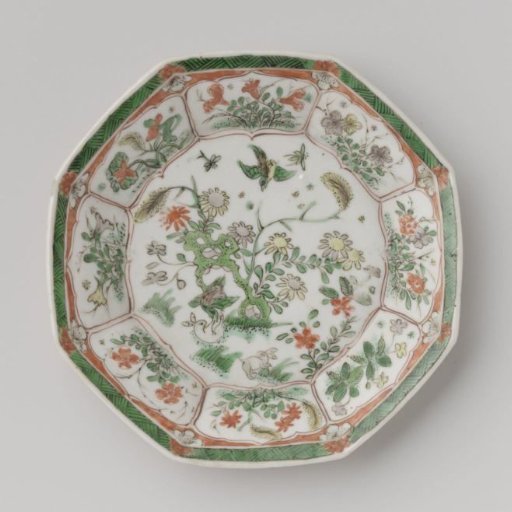 Octagonal saucer with light brown, animals and flower sprays