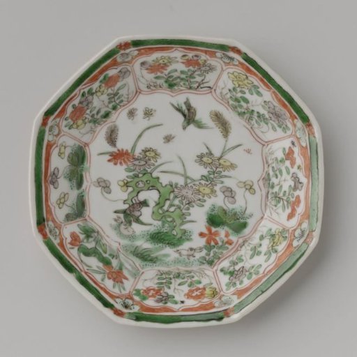 Octagonal saucer with light brown, animals and flower sprays
