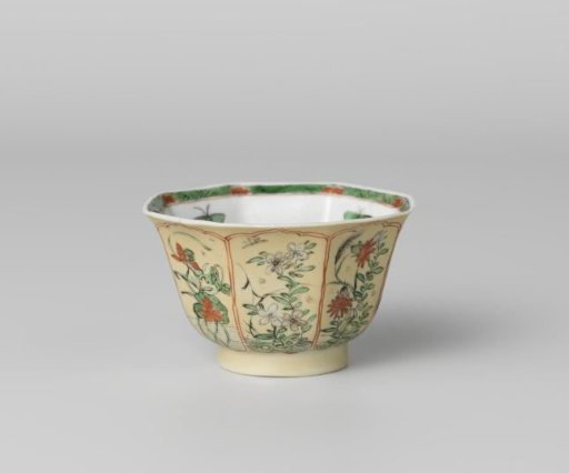 Octagonal cup with light brown, animals and flower sprays