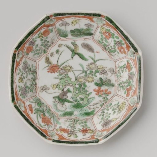 Octagonal saucer with light brown, animals and flower sprays