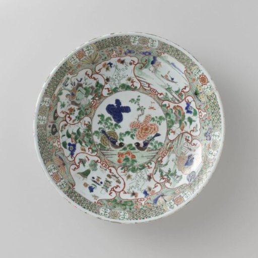 Saucer-dish with (mythological) animals, landscape and flower sprays