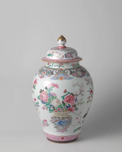 Ovoid covered jar with flower baskets and auspicious symbols