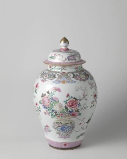 Ovoid covered jar with flower baskets and auspicious symbols