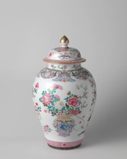 Ovoid covered jar with flower baskets and auspicious symbols