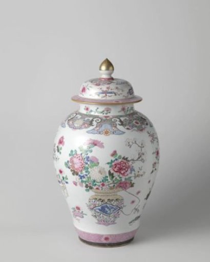 Ovoid covered jar with flower baskets and auspicious symbols