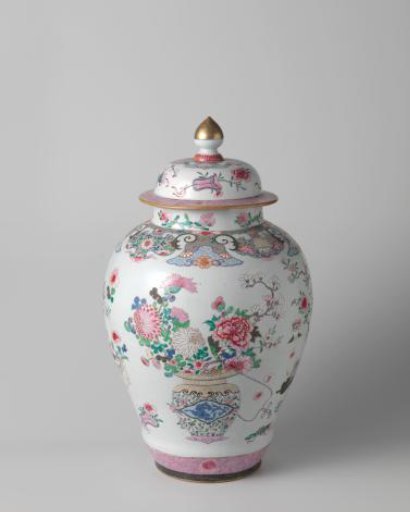 Ovoid covered jar with flower baskets and auspicious symbols