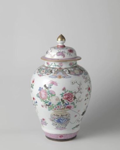 Ovoid covered jar with flower baskets and auspicious symbols