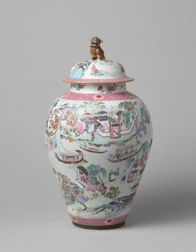 Baluster covered jar with a continuous landscape with figures, boats and pavilions