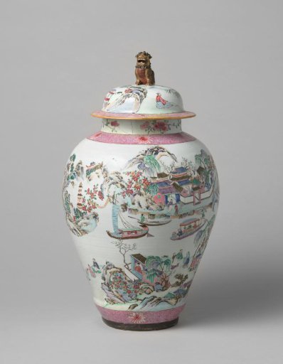 Baluster covered jar with a continuous landscape with figures, boats and pavillions