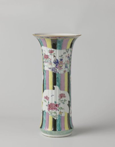 Beaker vase with figures, flower sprays and auspicious symbols in shaped panels on a multi-colored ground