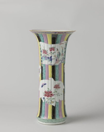 Beaker vase with figures, flower sprays and auspicious symbols in shaped panels on a multi-colored ground
