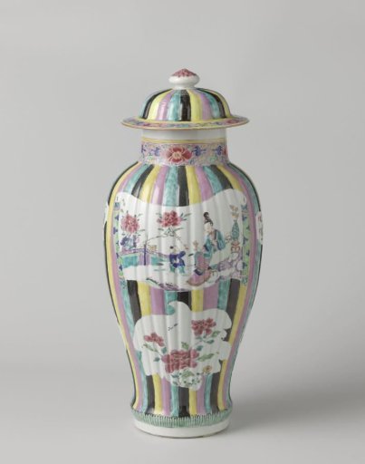 Covered jar with figures, flower sprays and auspicious symbols in shaped panels on a multi-colored ground