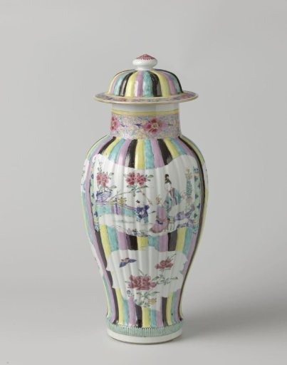 Covered jar with figures, flower sprays and auspicious symbols in shaped panels on a multi-colored ground