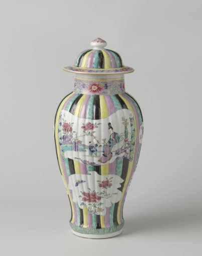 Covered jar with figures, flower sprays and auspicious symbols in shaped panels on a multi-colored ground