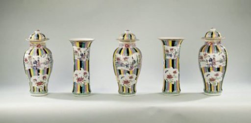 Garniture with figures, flower sprays and auspicious symbols in shaped panels on a multi-colored ground